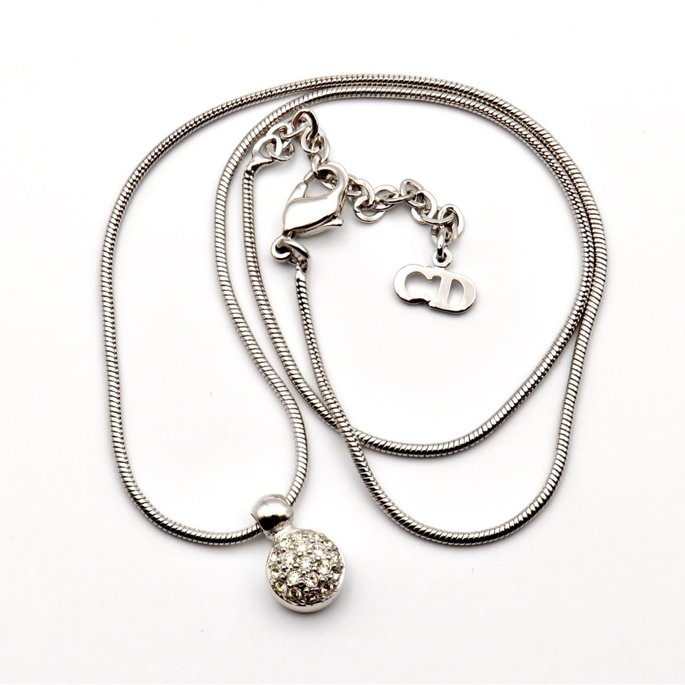 Christian Dior Silver Tone Dainty Round Crystal Pendant Necklace 16” - 18”